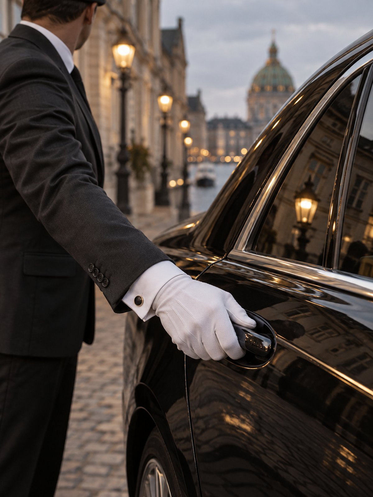 Gloved hand of a Dexon chauffeur on the rear door of a black saloon in Copenhagen