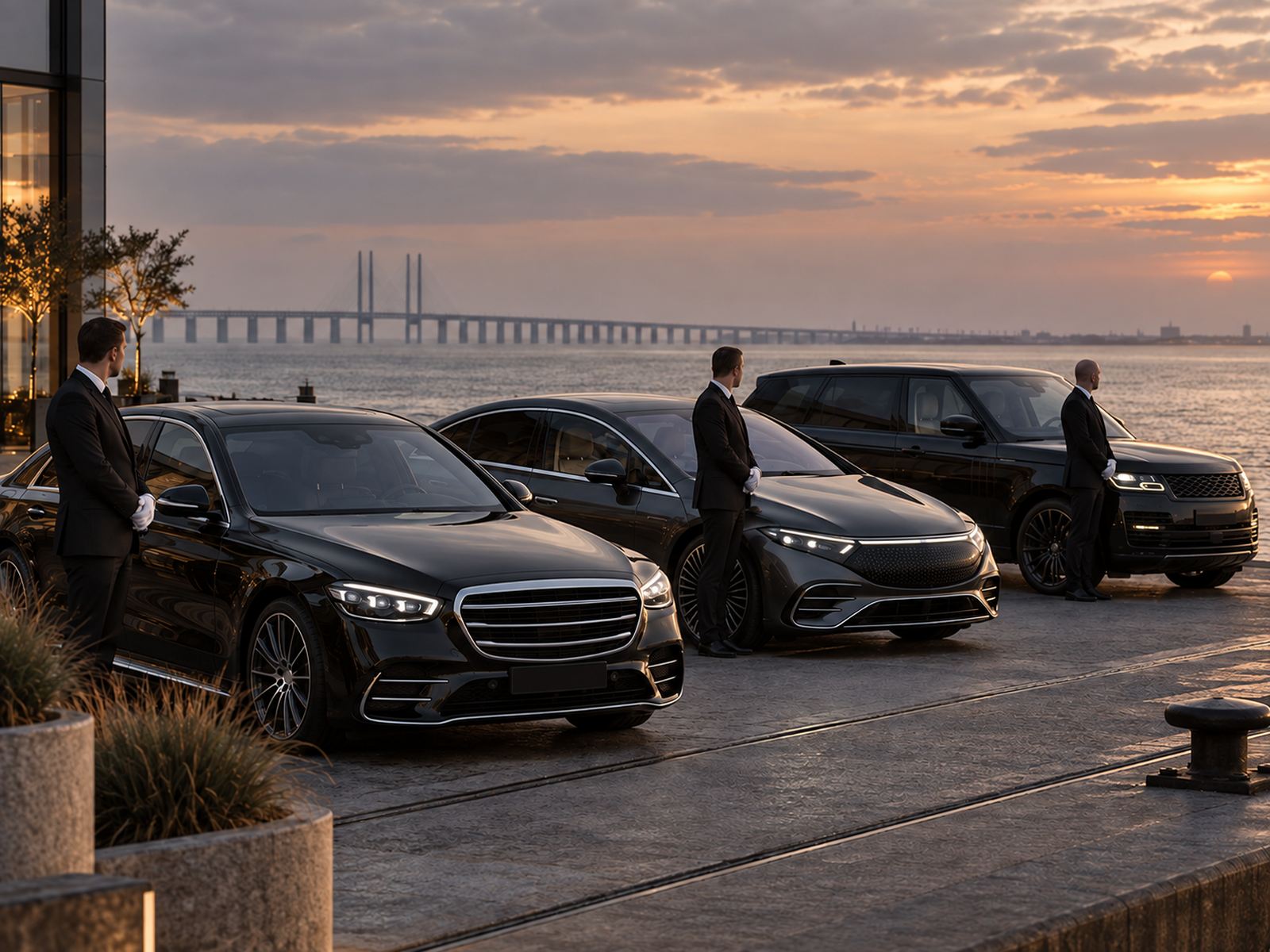 Dexon fleet lined up on a quay with the Øresund Bridge behind