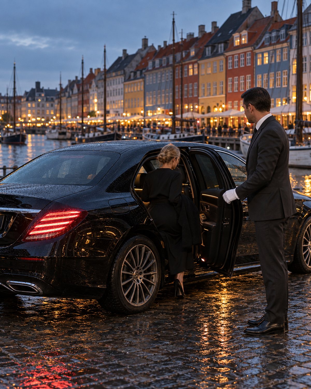 Dexon chauffeur holding the rear door of a black saloon in Copenhagen at dusk
