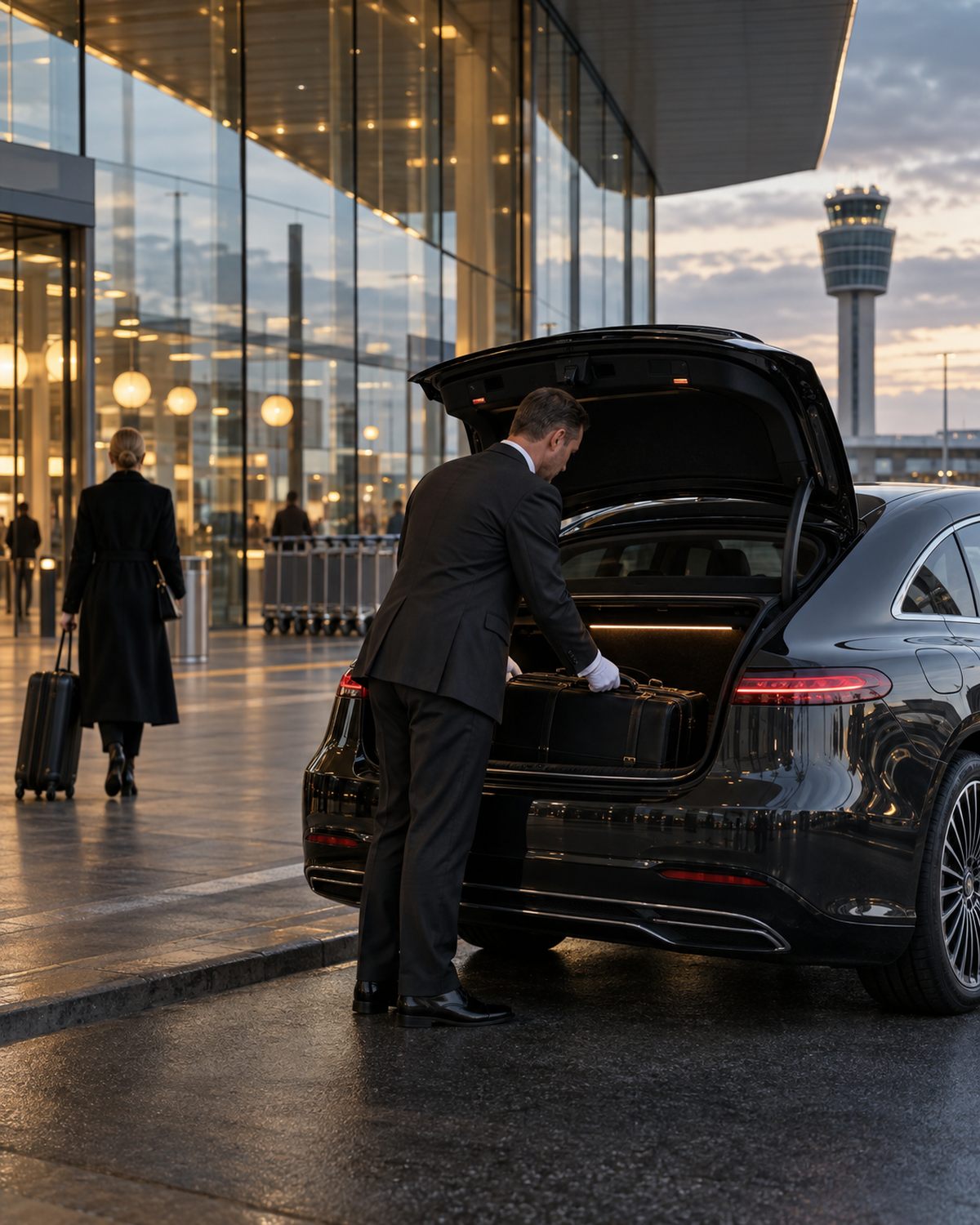 Chauffeur loading luggage into a graphite EQS at Copenhagen Airport