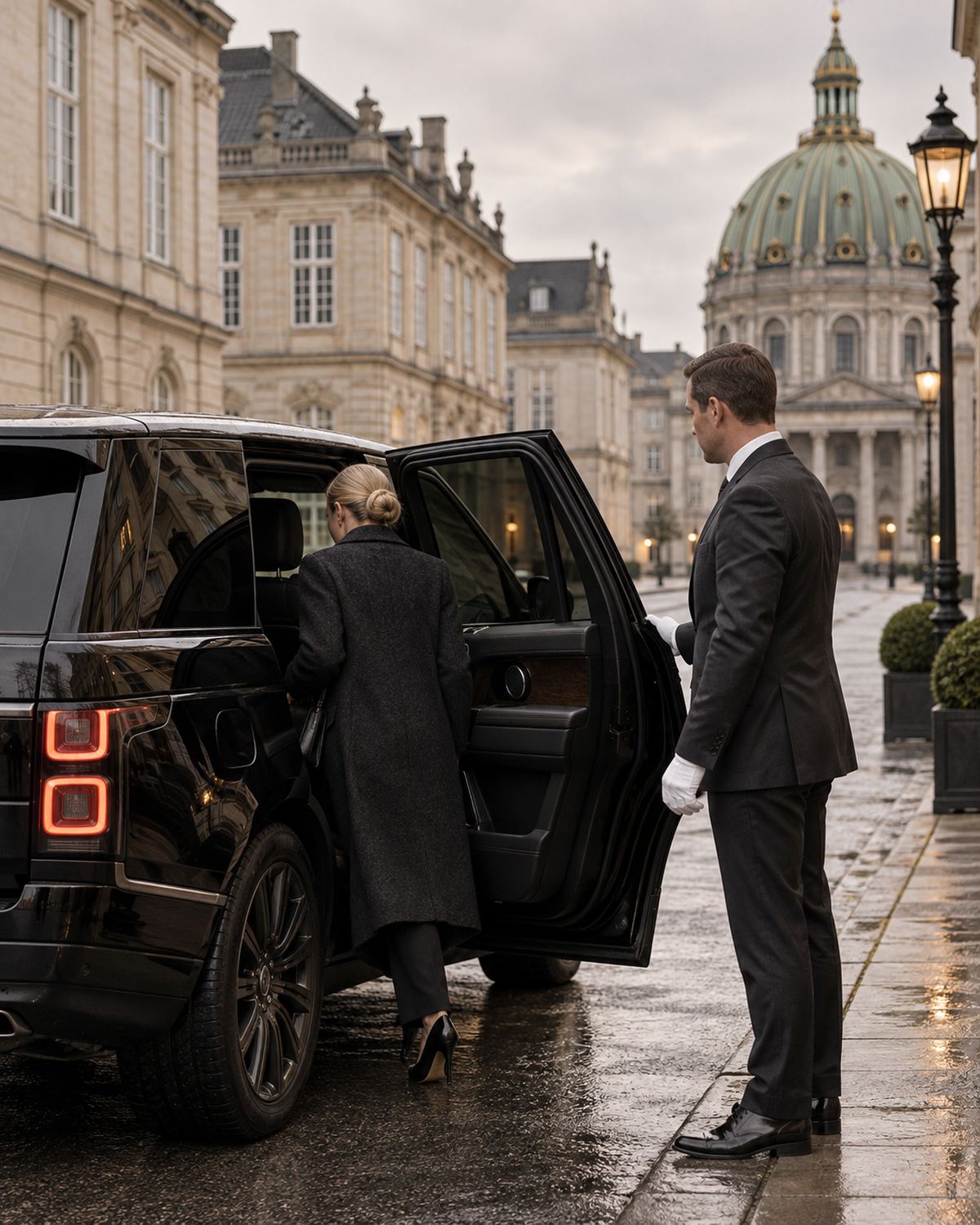 Executive stepping into a black Range Rover in Frederiksstaden