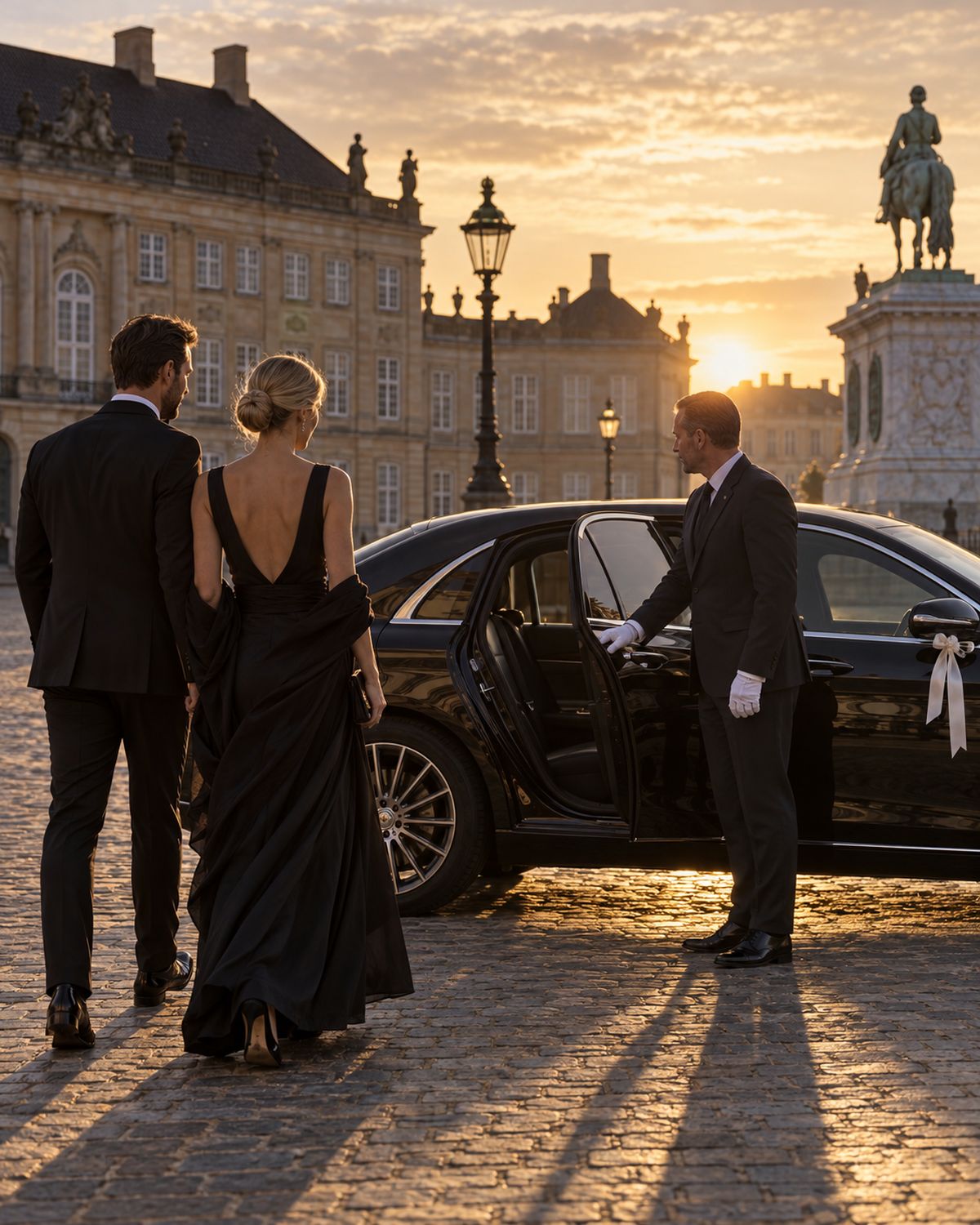 Couple in evening wear approaching a black saloon at Amalienborg